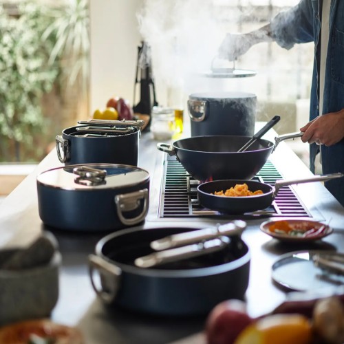 Space Folding Handle Ceramic Non-stick 6-piece Blue Cookware Set